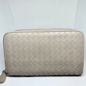 Bottega Veneta Intrecciato Zip Around Wallet Light Beige Woven Lambskin